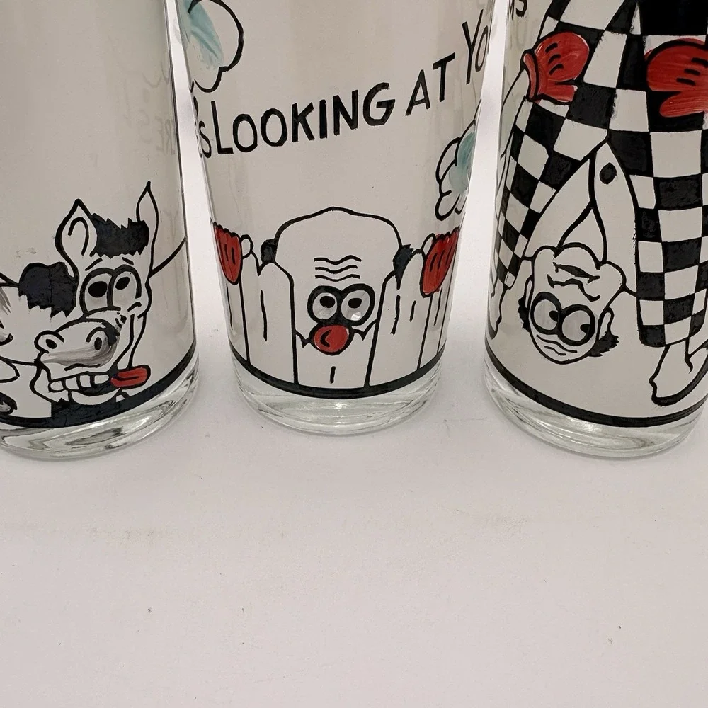 3 Vtg MCM Roving Eye Barware‎ 10 oz Glasses Bottoms Up Here's Looking At You